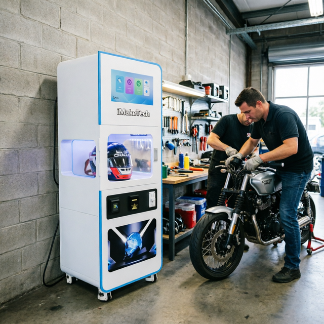 Helmet Care Vending Machine for Motorcycle Training School and Racing Track with Quick Turnaround Cleaning Cycle