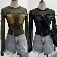 TKS 2026 Ready to Ship Free Size Long Sleeve Denim Jeans Patchwork Mesh T Shirt <strong>Clothes</strong> for Women