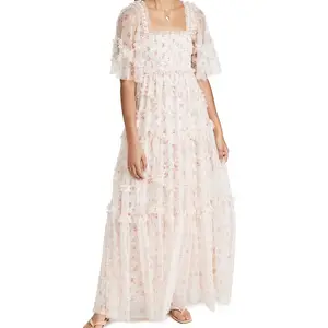 OEM Ladies Custom Vintage Tulle Lace Beach Short Sleeve Smocked Long Ruffles Floral Print Summer Maxi Women Dresses