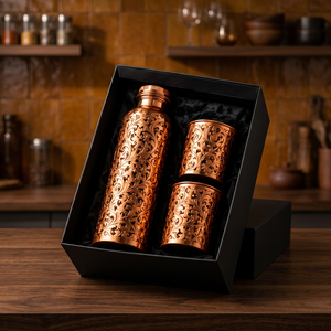 Vintage Copper <b>Flask</b> Water Bottle and <b>2</b> <b>Cups</b> Set Pierced Floral Pattern Portable Drinkware Gift Box - Product Image 1