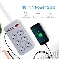 Multiprise portable avec protection contre les surtensions USB standard UE, 6 câbles de 1,8 m, 10 A, utilisation industrielle, protection contre les surcharges, prise d'extension