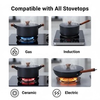 Ensemble de casseroles en fonte avec poignée en bois, 3 pièces, poêle antiadhésive avec couvercle en verre, compatible induction