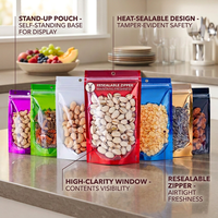 Sachet d'emballage alimentaire refermable personnalisé en aluminium laminé coloré avec fenêtre transparente et fermeture éclair, idéal pour les snacks