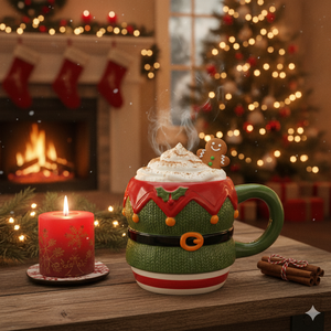 Mug à <span class=keywords><strong>café</strong></span> en céramique sculptée motif elfe mignon, tasse à boisson en tissu tricoté gaufré motif costume d'elfe de Noël pour la décoration de table hivernale - Product Image 3