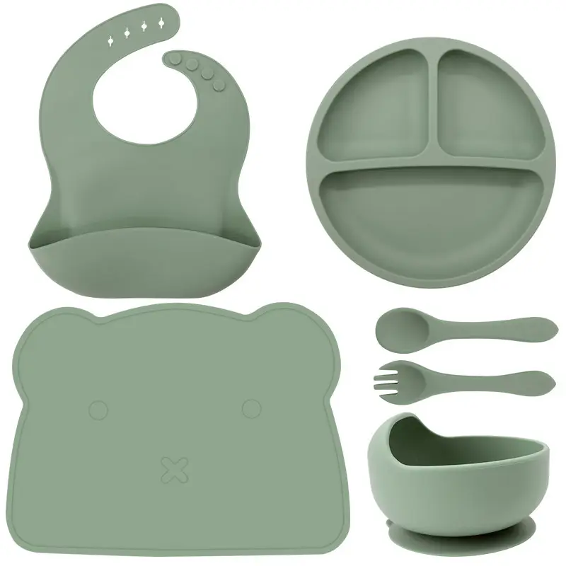 아마존 뜨거운 판매 맞춤형 실리콘 턱받이 숟가락 그릇 아기 식기 방수 실리콘 아기 수유 세트