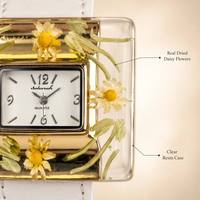 Montre en résine avec fleurs séchées naturelles Soleviah, montre à quartz carrée avec marguerite, bracelet en cuir blanc, montres florales faites à la main pour femmes