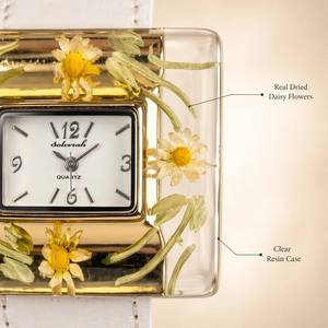 <span class=keywords><strong>Montre</strong></span> en résine avec fleurs séchées naturelles Soleviah, <span class=keywords><strong>montre</strong></span> à quartz carrée avec marguerite, <span class=keywords><strong>bracelet</strong></span> en cuir blanc, montres florales faites à la main pour femmes - Product Image 2
