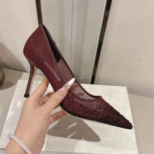 Chaussures habillées de créateur de haute qualité pour femmes, à enfiler, classiques, en tissu maillé orné de cristaux, à bout pointu, talons fins, respirantes - Product Image 4