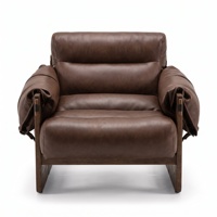 Fauteuil d'appoint en cuir avec structure en bois massif vintage, fauteuil simple de designer rétro, fauteuil lounge de luxe en cuir pour salon