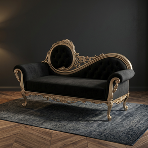 <b>Antique</b> French Solid Wood Mahogany Carved Gold Black Velvet Tufted Living Room Chair Luxury Wedding Chaise Lounge <b>Sofa</b> Home - Product Image 3