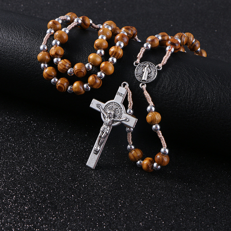 Komi Wooden Rosary Necklaces High Quality Good Wood Beads Rosary Necklace Cross Pendants Christ Jesus Religious Pray Jewelry