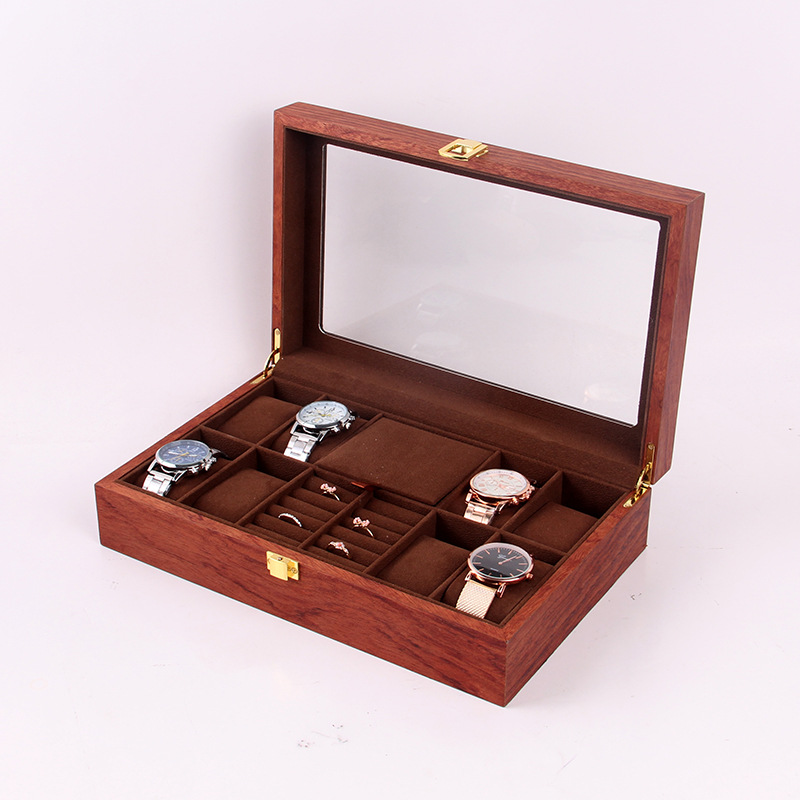 Boîte à bijoux/montre en bois de carthame et poirier, intérieur marron.