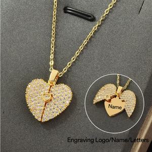 Collar de Acero Inoxidable con Logotipo Grabado Personalizado, Abrible, con Colgante de Corazón, Mariposa y Alas con Circonitas, para Mujer - Product Image 6