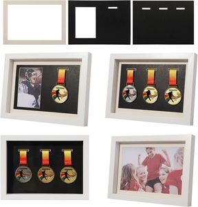 Cadre de présentation multifonctionnel blanc A4 3-en-1 pour 3 médailles, photos et souvenirs sportifs, à fixer au mur - Product Image 4