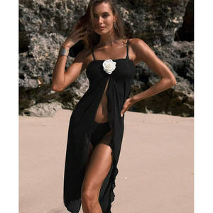 Robe <span class=keywords><strong>de</strong></span> plage texturée fendue pour <span class=keywords><strong>femme</strong></span>, sarong midi à bretelles spaghetti avec fleurs 3D pour les vacances d'été - Product Image 1