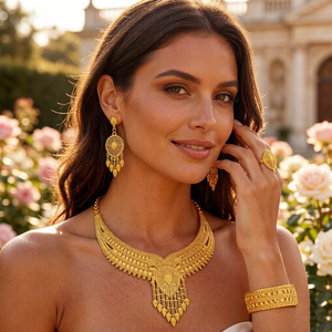 Conjunto de Joias de Noiva Atacado Dubai Arábia Saudita, Banhado a Ouro 24K, 4 em 1: Colar, Brincos, Anel e Pulseira, Acessórios de Casamento de Luxo - Product Image 2