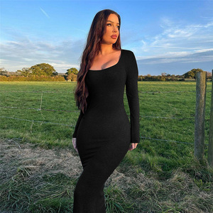 <span class=keywords><strong>SXE</strong></span> automne vêtements pour femmes nouvelle mode décontracté couleur unie col bas taille haute mince longue robe - Product Image 2