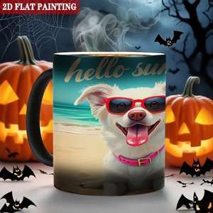 Mug en céramique 11oz noir givré, tasse magique changeante de couleur thermique, motif chien d'été - Product Image 6