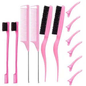 Wholesale 12PCS Hair Styling Comb Set Double Sided Hair Edge Brush Grooming Bristle Hair Brush Rat Tail Comb Teasing Comb Set