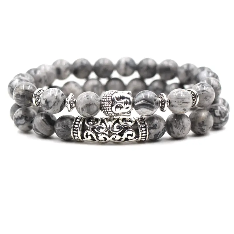 Fashion 8mm Natural agate Stone Silver Lion owl Buddha Head bracelet jewelry sets chain and bead bracelet set for men