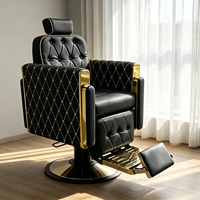 Nouvelle arrivée, élégante chaise de barbier vintage à dossier en treillis noir, avec repose-pieds réglable en métal doré