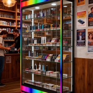 Vitrine <span class=keywords><strong>en</strong></span> verre pour salon avec éclairage LED de base coloré, idéale pour les produits de boutiques de tabac - Product Image 5