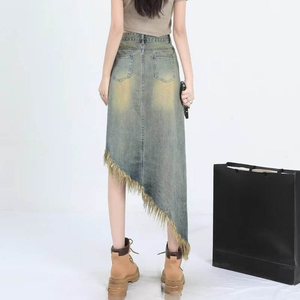 <span class=keywords><strong>Falda</strong></span> vaquera asimétrica <span class=keywords><strong>de</strong></span> mezclilla con borde irregular y flecos, estilo vintage, con abertura alta, para mujer - Product Image 5