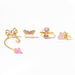 ต่างหูแฟชั่นสุดฮิต ชุดต่างหูรูปผีเสื้อ โบว์ประดับมุก พู่ห้อยรูปหัวใจสีพีช สไตล์นางฟ้า ประดับเพชรซิร์คอน ตัวเรือนทองเหลือง - Product Image 5