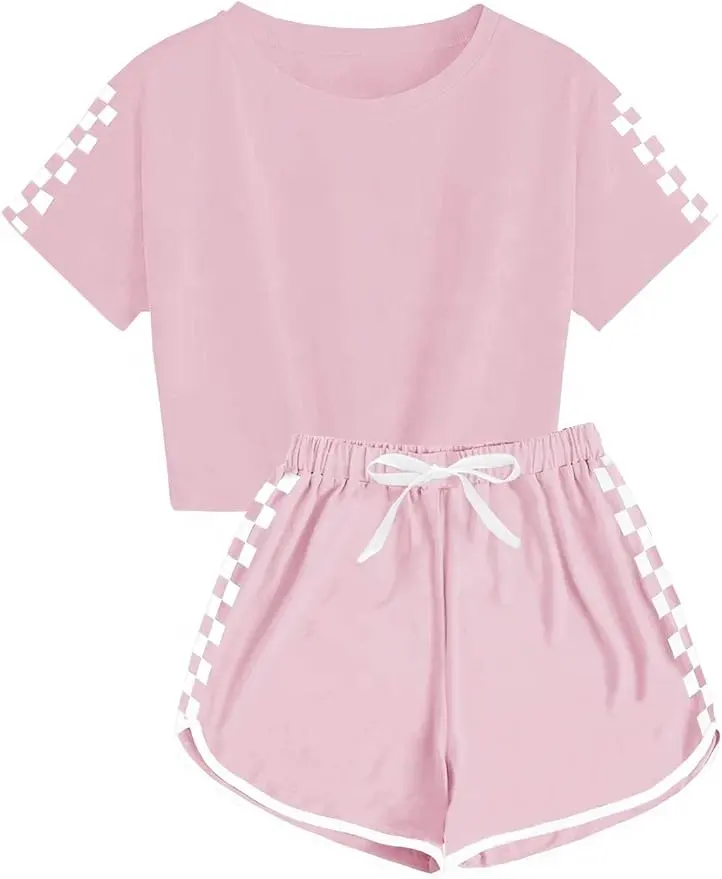 Nuevo estilo para niñas Color Block manga corta Plaid camiseta pantalones cortos 2 piezas conjunto niño verano conjunto