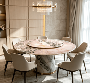 Table à manger moderne en granit rose naturel de luxe avec plateau tournant Lazy Susan, pieds en métal, 8 places, mobilier de maison - Product Image 6