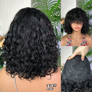 Peluca de Cabello Humano 100% Natural con Flequillo, Ondulada, de Alta Densidad, 12 Pulgadas, Fabricada a Máquina, Calidad SDD - Product Image 2