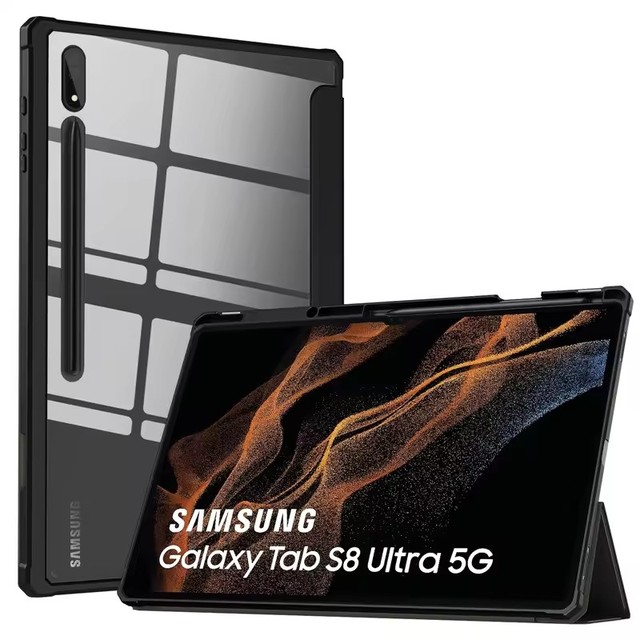 PU Leather for Samsung Galaxy Tab S8 Ultra With Pen Holder S8 S7+ FE A8 A7 S6 Lite T220 T225 T500 Transparent PC Tablet Cover