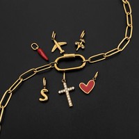 Bracelet mousqueton trombone eManco en acier inoxydable avec breloques cœur émaillé rouge, lettre S, zircon, croix, piment et avion