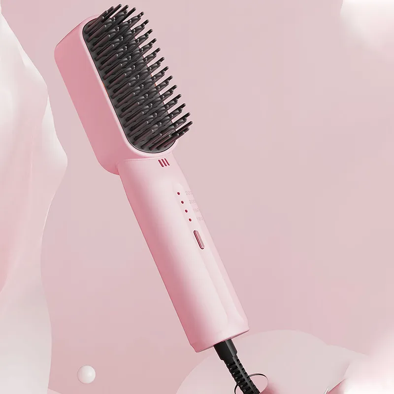 2024 produk baru sikat rambut elektrik alami pelurus sisir panas gaya merah muda untuk penggunaan Wanita