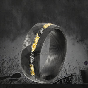 POYA Casual 8mm negro Acero inoxidable compromiso promesa anillo Etch Damasco acero meteorito afeitado hoja de oro incrustaciones para bodas - Product Image 3