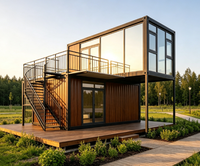 Tienda Modular de Dos Pisos en Contenedor, Techo de Madera y Vidrio con Terraza y Escalera para Kiosco de Exhibición