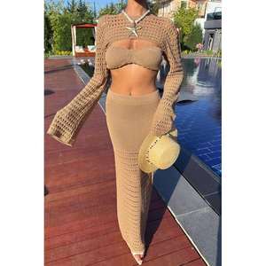 Ensemble trois pièces en tricot bohème pour femme, bustier ajouré, boléro, jupe, couleur moka, manches longues, respirant, style estival - Product Image 2