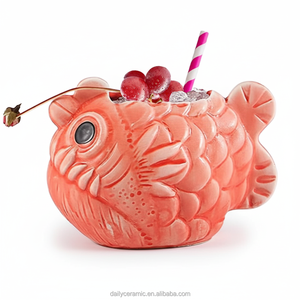 El Yapımı Seramik Balık Şeklinde Tiki Kupa Yenilikçi Pembe Kirpi Balığı Kokteyl Bardağı Bar Malzemeleri Parti Dekoru - Product Image 2