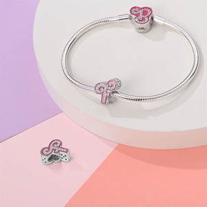 Abalorios de Letras del Alfabeto en Cobre Plateado con Esmalte Rosa y Circonitas Cúbicas, Compatibles con Pulseras Europeas, para Joyería DIY - Product Image 6