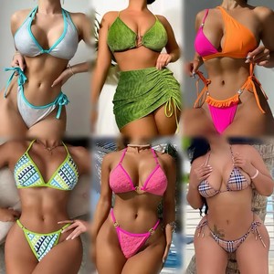Ensemble bikini croisé violet pour femme, maillot de bain string évidé en Spandex et Nylon, deux pièces extensibles de couleur unie - Product Image 2