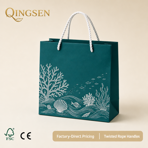 Bolsa de Compras de Papel Color Verde Azulado Personalizada OEM con Estampado de Peces de Coral Subacuáticos y Asas de Cuerda Trenzada para Joyería, Boutique y Tienda Minorista - Product Image 1