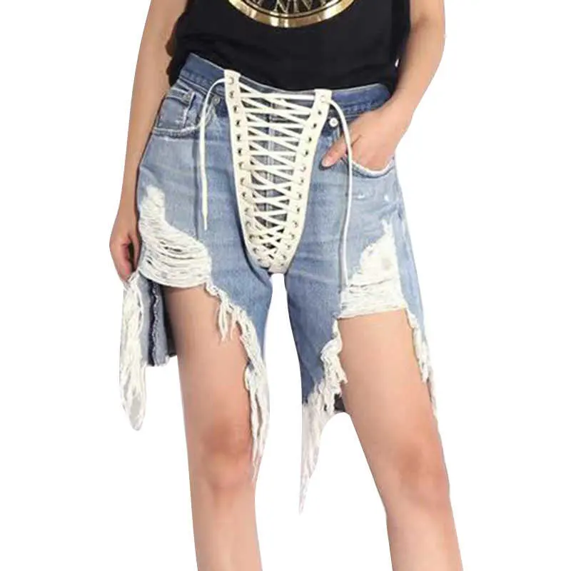TWOTWINSTYLE Asymmetric Hole Frayed Bow Lace Up Streetwear Denim Women's Shorts