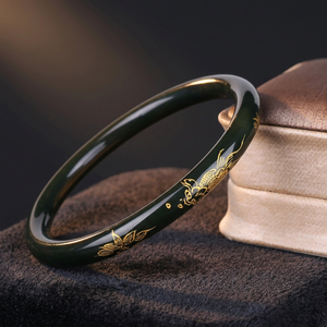 Brazalete de Jade Verde con Baño de Oro, Diseño de Corona, Moderno, para Mujer, Tira Plana Redonda, Joyería de Regalo, LO MEJOR - Product Image 3