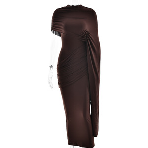Vestido de cóctel con cuello redondo, hombro asimétrico cruzado, color liso, largo y ajustado para mujer - Product Image 5