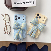 Coque Coréenne à Nœud Papillon à Carreaux Bleus pour iPhone 17 Pro Max, Coque Ondulée pour iPhone 17 16 15 14 13