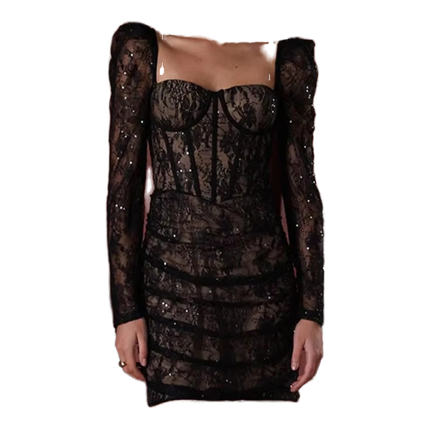 4848 Party Dresses Women Evening Elegant Black Lace Sequin Long Sleeve Corset  Ropa De Mujer Vestidos Custom Dress Manufacturers