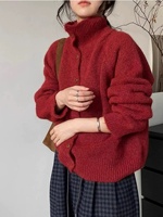 Cardigan en tricot d'alpaga personnalisé pour femme, col haut, boutons sur le devant, pull chaud d'hiver