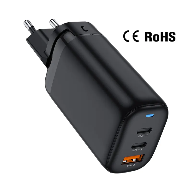 PUJIMAX EU plug 65w pd qc3.0 usb c wall charger 65w gan laptop travel charger CE/Rohs 3 port wall travel charger for oneplus