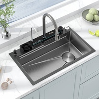 Évier de cuisine moderne en acier inoxydable Sus304 avec rinçage en verre, fait à la main, cascade intelligente, multifonctionnel