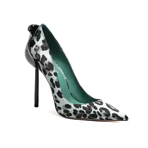 wholesale sexy luxury blue and black leopard printing with black flower heel pointed toe ladies pumps shoes